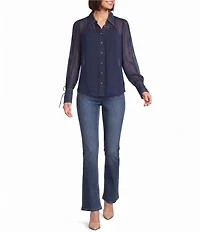 KARL LAGERFELD PARIS Crinkle Chiffon Point Collar Long Sleeve Blouse