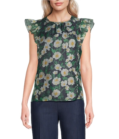 KARL LAGERFELD PARIS Crinkle Organza Floral Print Round Neck Sleeveless Blouse