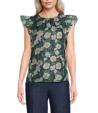 KARL LAGERFELD PARIS Crinkle Organza Floral Print Round Neck Sleeveless Blouse