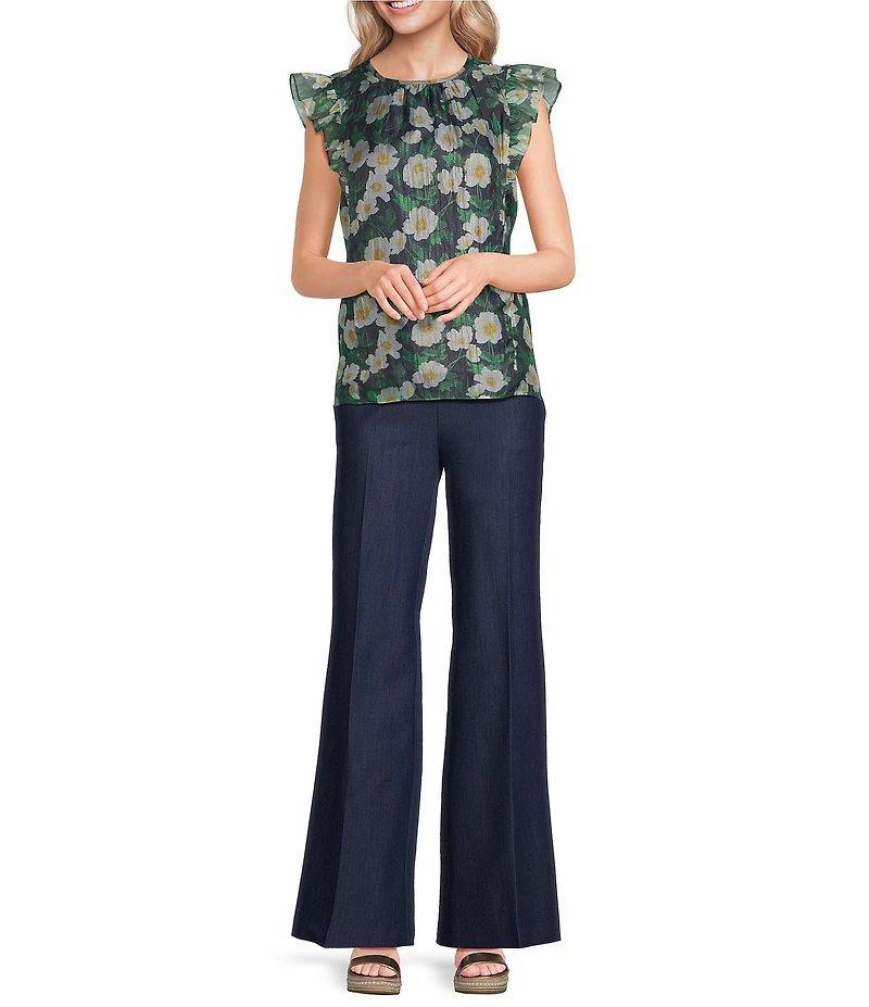 KARL LAGERFELD PARIS Crinkle Organza Floral Print Round Neck Sleeveless Blouse