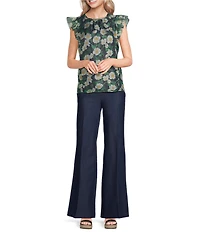 KARL LAGERFELD PARIS Crinkle Organza Floral Print Round Neck Sleeveless Blouse