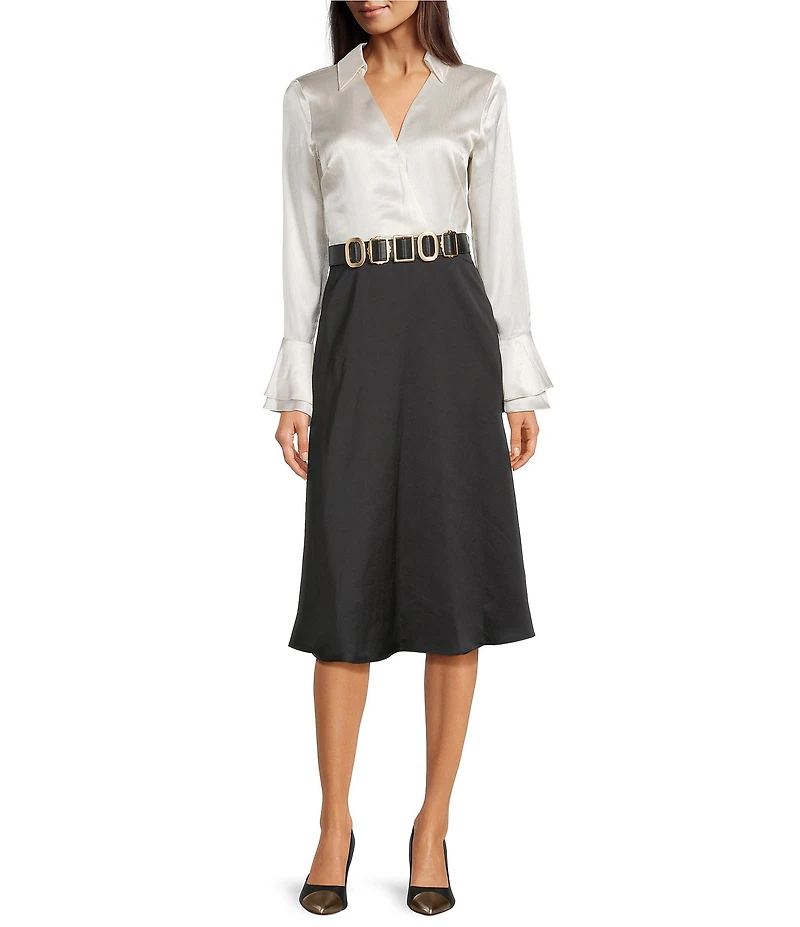 KARL LAGERFELD PARIS Crinkle Poly Satin Collared Long Bell Sleeve Belted Midi Dress