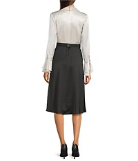 KARL LAGERFELD PARIS Crinkle Poly Satin Collared Long Bell Sleeve Belted Midi Dress