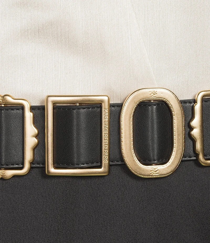 KARL LAGERFELD PARIS Crinkle Poly Satin Collared Long Bell Sleeve Belted Midi Dress