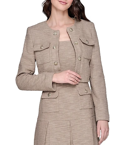 KARL LAGERFELD PARIS Cropped Tweed Long Sleeve Jacket