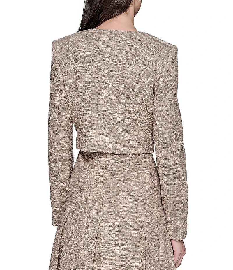 KARL LAGERFELD PARIS Cropped Tweed Long Sleeve Jacket