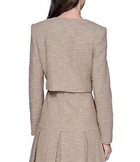KARL LAGERFELD PARIS Cropped Tweed Long Sleeve Jacket