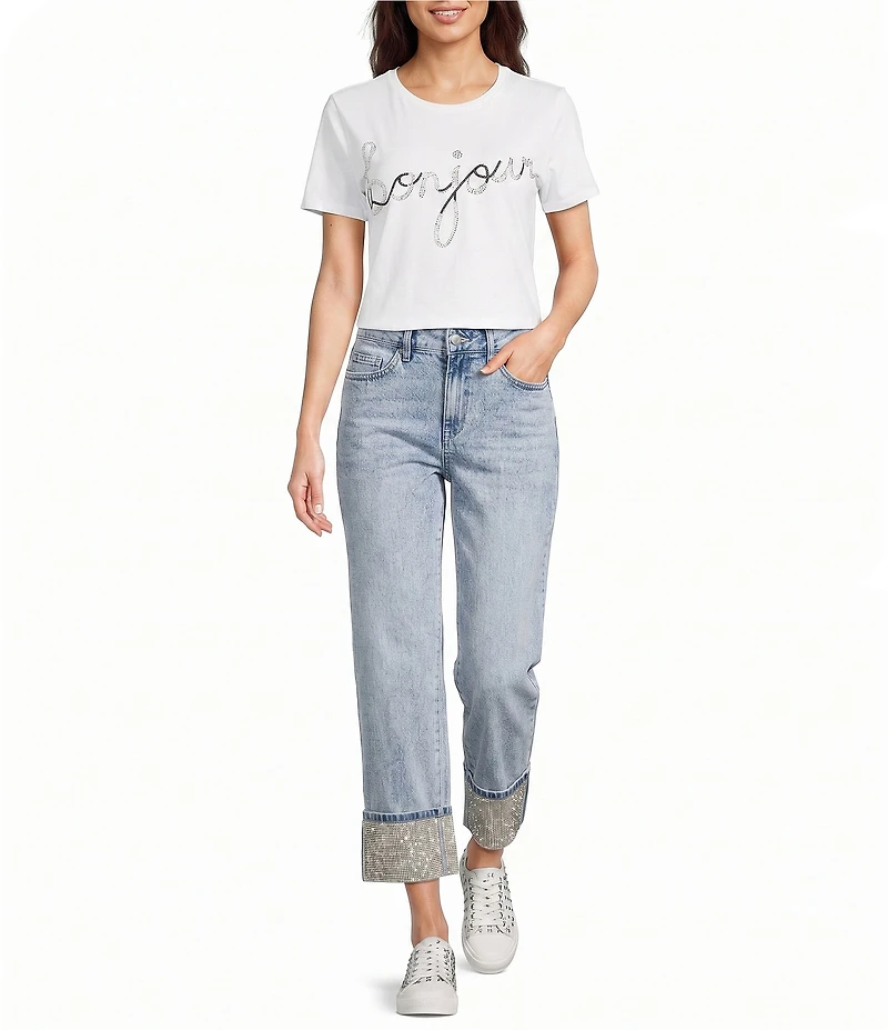 KARL LAGERFELD PARIS Crystal Cuff Hem Stretch Jeans