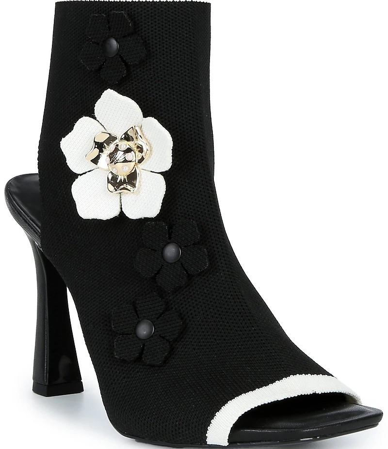 KARL LAGERFELD PARIS Dacey Knit Peep Toe Open Heel Flower Booties