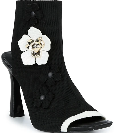 KARL LAGERFELD PARIS Dacey Knit Peep Toe Open Heel Flower Booties