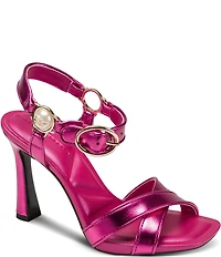 KARL LAGERFELD PARIS Daelin Metallic Pearl Hardware Ankle Strap Dress Sandals