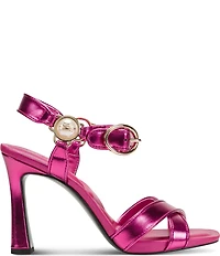 KARL LAGERFELD PARIS Daelin Metallic Pearl Hardware Ankle Strap Dress Sandals