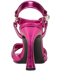 KARL LAGERFELD PARIS Daelin Metallic Pearl Hardware Ankle Strap Dress Sandals