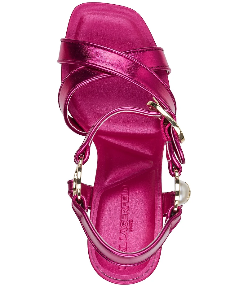 KARL LAGERFELD PARIS Daelin Metallic Pearl Hardware Ankle Strap Dress Sandals