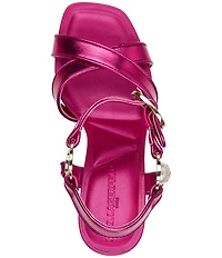 KARL LAGERFELD PARIS Daelin Metallic Pearl Hardware Ankle Strap Dress Sandals