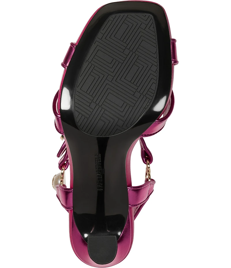 KARL LAGERFELD PARIS Daelin Metallic Pearl Hardware Ankle Strap Dress Sandals