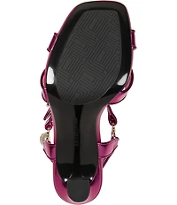 KARL LAGERFELD PARIS Daelin Metallic Pearl Hardware Ankle Strap Dress Sandals