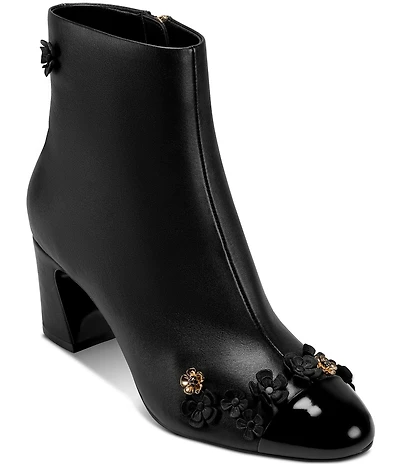 KARL LAGERFELD PARIS Dalyn Fleur Leather Ornamented Block Heel Booties