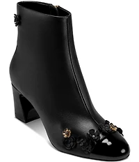 KARL LAGERFELD PARIS Dalyn Fleur Leather Ornamented Block Heel Booties