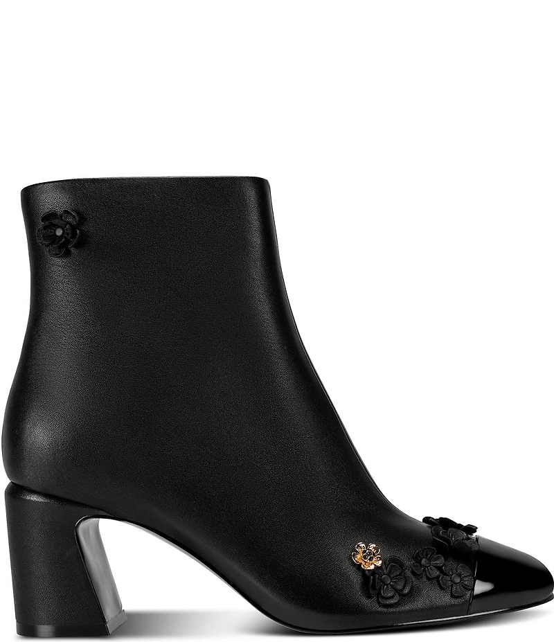 KARL LAGERFELD PARIS Dalyn Fleur Leather Ornamented Block Heel Booties