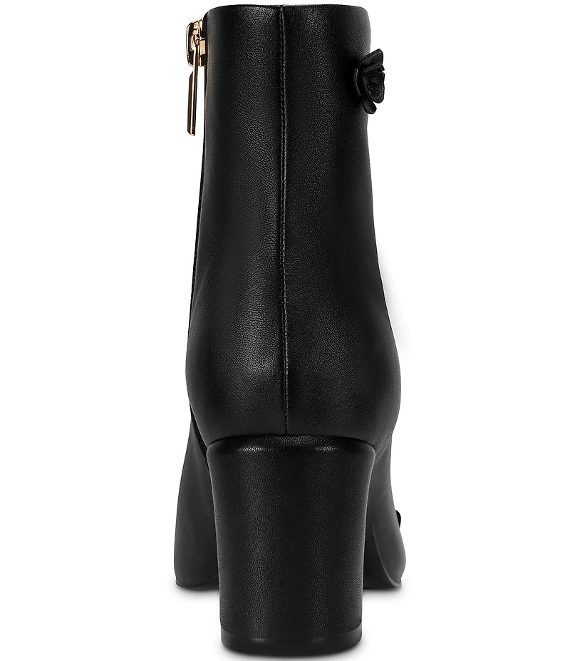 KARL LAGERFELD PARIS Dalyn Fleur Leather Ornamented Block Heel Booties