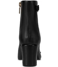 KARL LAGERFELD PARIS Dalyn Fleur Leather Ornamented Block Heel Booties