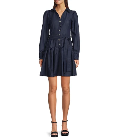 KARL LAGERFELD PARIS Denim Collared Long Sleeve Belted Ruffled Shirt Dress