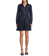 KARL LAGERFELD PARIS Denim Collared Long Sleeve Belted Ruffled Shirt Dress