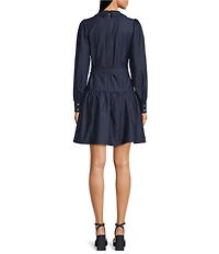 KARL LAGERFELD PARIS Denim Collared Long Sleeve Belted Ruffled Shirt Dress