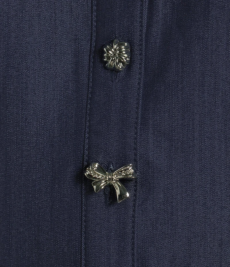 KARL LAGERFELD PARIS Denim Collared Long Sleeve Belted Ruffled Shirt Dress