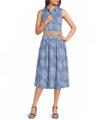 KARL LAGERFELD PARIS Denim Floral Print Point Collar Sleeveless Belted A-Line Dress
