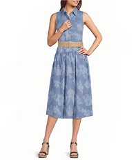 KARL LAGERFELD PARIS Denim Floral Print Point Collar Sleeveless Belted A-Line Dress