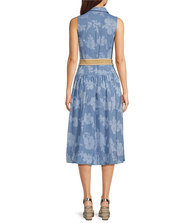 KARL LAGERFELD PARIS Denim Floral Print Point Collar Sleeveless Belted A-Line Dress