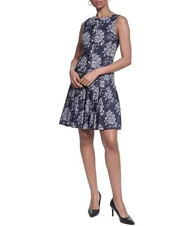 KARL LAGERFELD PARIS Denim Jacquard Boat Neck Sleeveless Pleated Dress