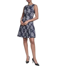KARL LAGERFELD PARIS Denim Jacquard Boat Neck Sleeveless Pleated Dress