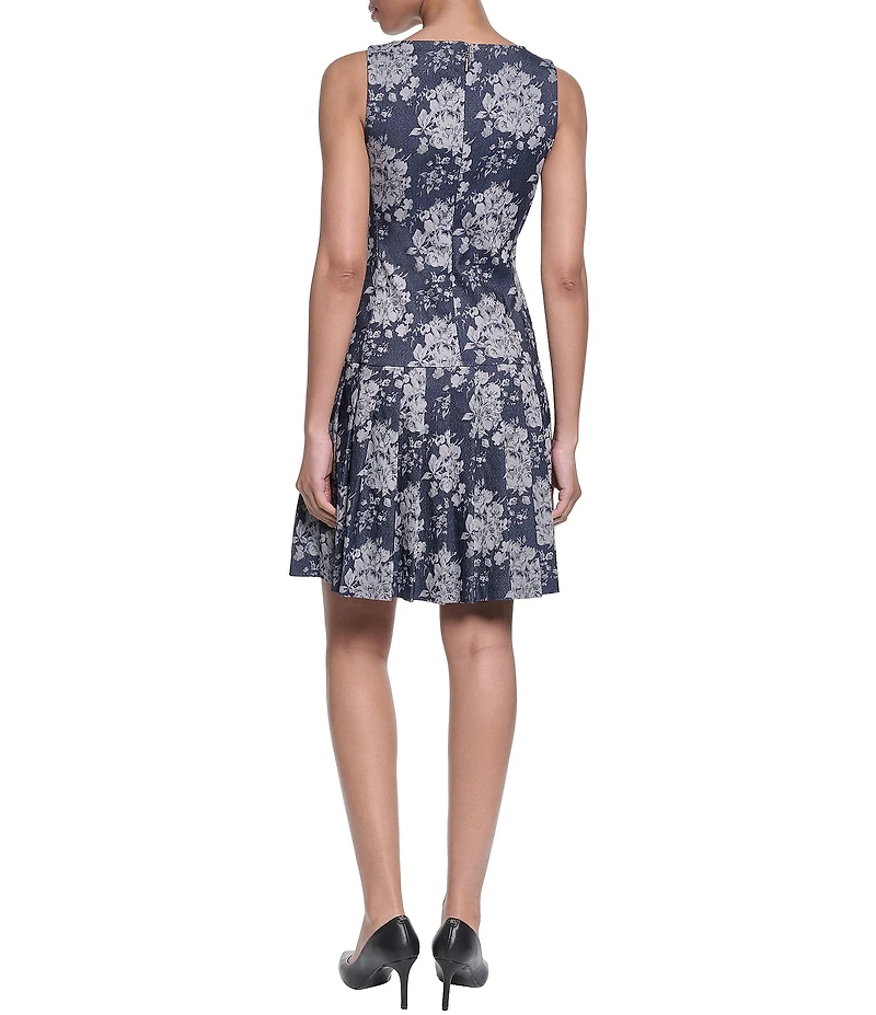 KARL LAGERFELD PARIS Denim Jacquard Boat Neck Sleeveless Pleated Dress