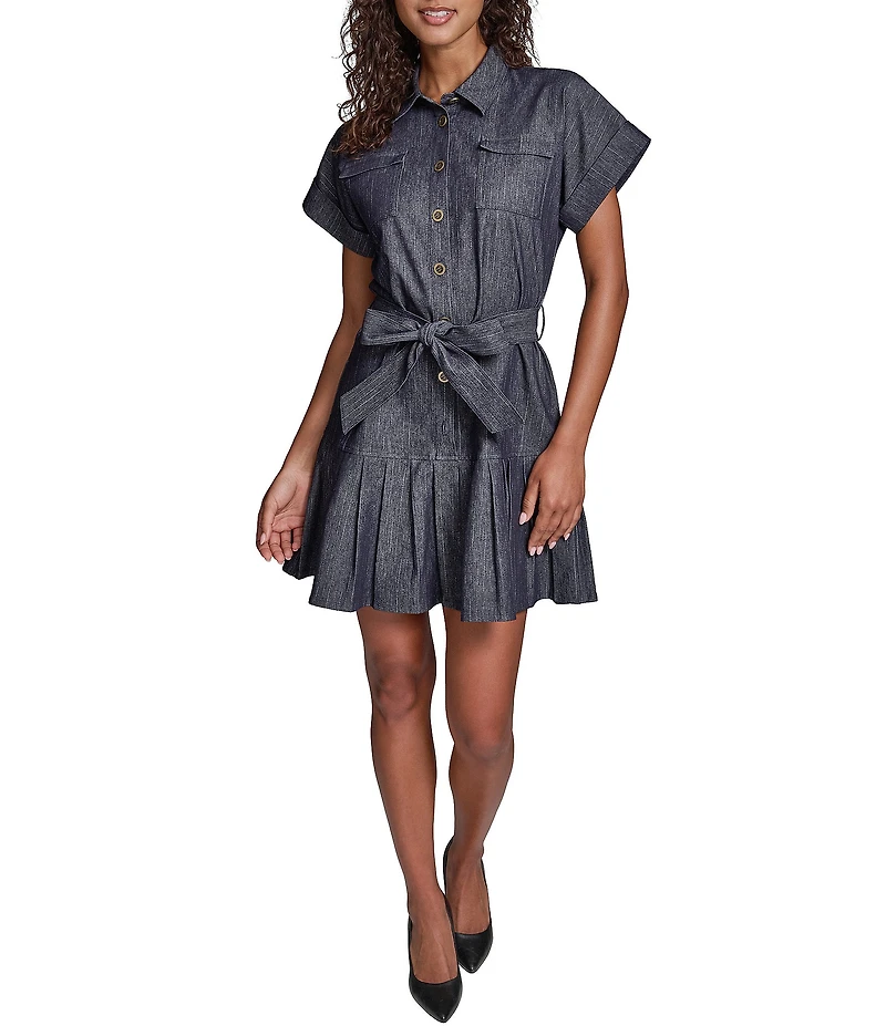 KARL LAGERFELD PARIS Denim Pin Stripe Point Collar Short Sleeve Shirt Dress