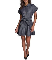 KARL LAGERFELD PARIS Denim Pin Stripe Point Collar Short Sleeve Shirt Dress