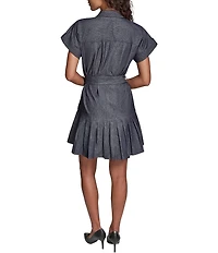 KARL LAGERFELD PARIS Denim Pin Stripe Point Collar Short Sleeve Shirt Dress