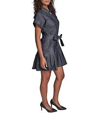 KARL LAGERFELD PARIS Denim Pin Stripe Point Collar Short Sleeve Shirt Dress