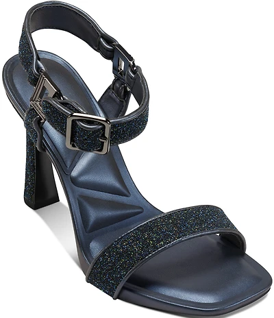 KARL LAGERFELD PARIS Dorcie Glitter Buckle Hardware Ankle Strap High Heel Sandals