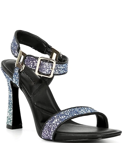 KARL LAGERFELD PARIS Dorcie Ombre Glitter Buckle Hardware Ankle Strap High Heel Sandals