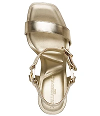 KARL LAGERFELD PARIS Dorcie Leather Buckle Hardware Ankle Strap Dress Sandals