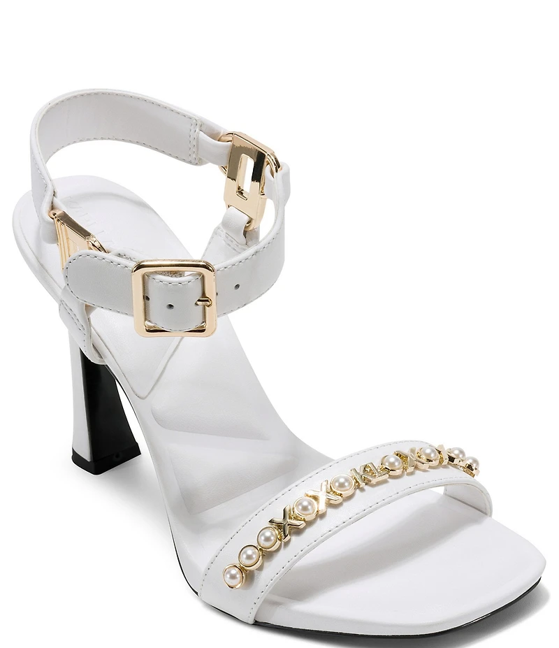 KARL LAGERFELD PARIS Dorcie Pearl Embellished Leather Hardware Detail Ankle Strap Sandals