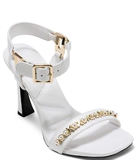 KARL LAGERFELD PARIS Dorcie Pearl Embellished Leather Hardware Detail Ankle Strap Sandals