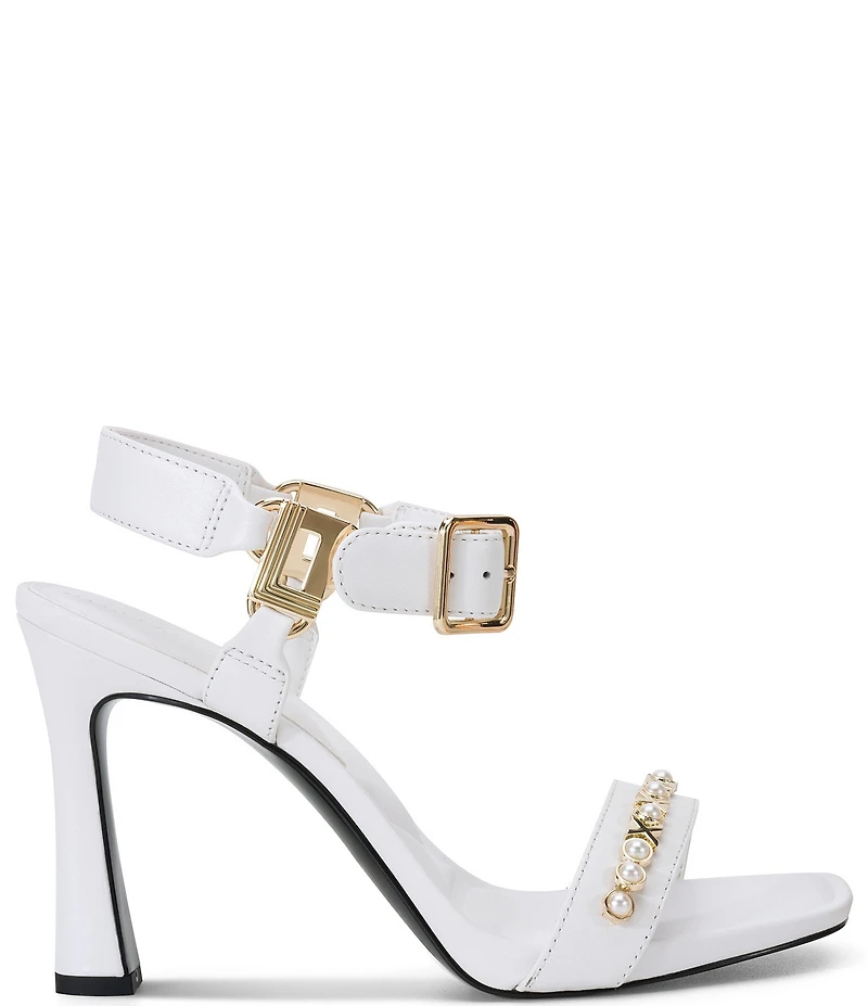 KARL LAGERFELD PARIS Dorcie Pearl Embellished Leather Hardware Detail Ankle Strap Sandals