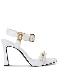 KARL LAGERFELD PARIS Dorcie Pearl Embellished Leather Hardware Detail Ankle Strap Sandals