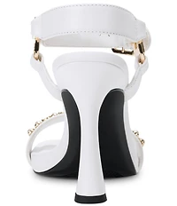 KARL LAGERFELD PARIS Dorcie Pearl Embellished Leather Hardware Detail Ankle Strap Sandals