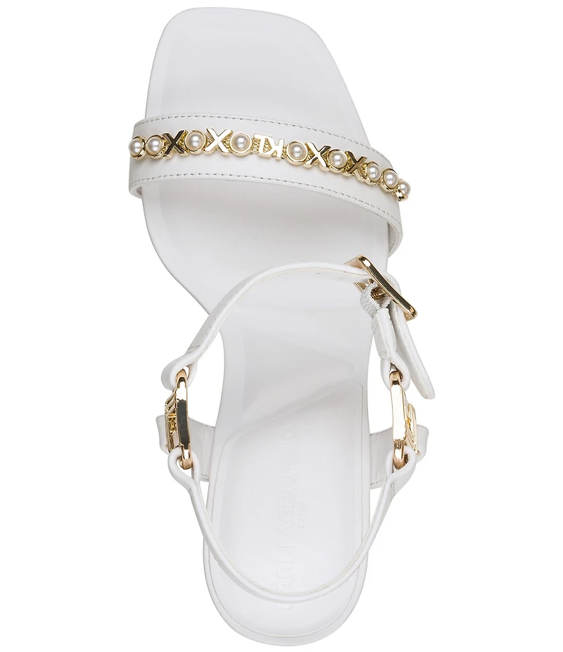 KARL LAGERFELD PARIS Dorcie Pearl Embellished Leather Hardware Detail Ankle Strap Sandals