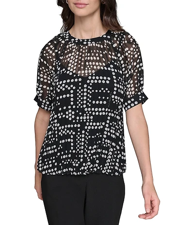 KARL LAGERFELD PARIS Dot Print Pleated Crew Neck Short Sleeve Blouse